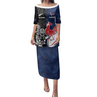 France And New Zealand Rugby Custom Family Matching Puletasi and Hawaiian Shirt Les Bleus Rooster With Maori Tiki LT05 Mom's Dress Black - Polynesian Pride