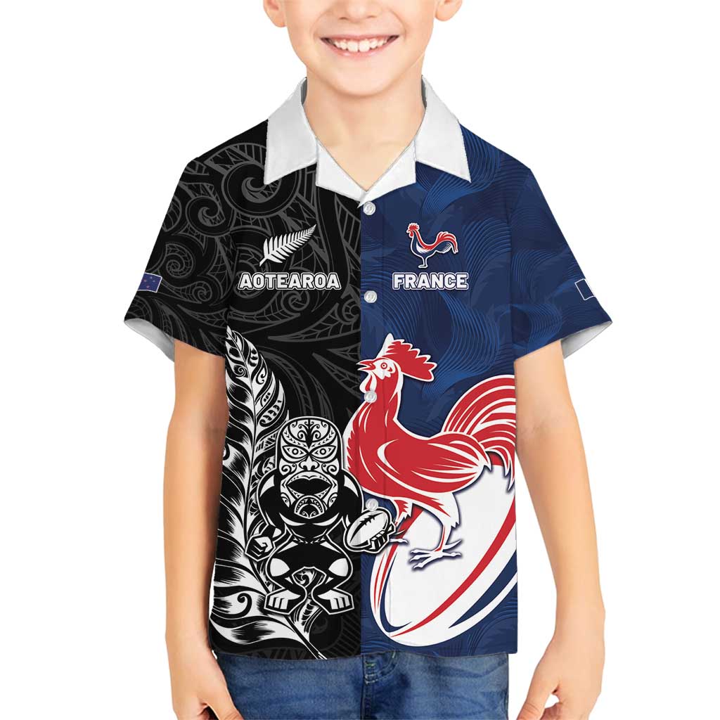 France And New Zealand Rugby Custom Family Matching Puletasi and Hawaiian Shirt Les Bleus Rooster With Maori Tiki LT05 Son's Shirt Black - Polynesian Pride