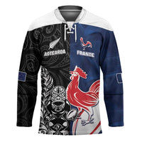 France And New Zealand Rugby Custom Hockey Jersey Les Bleus Rooster With Maori Tiki - Polynesian Pride