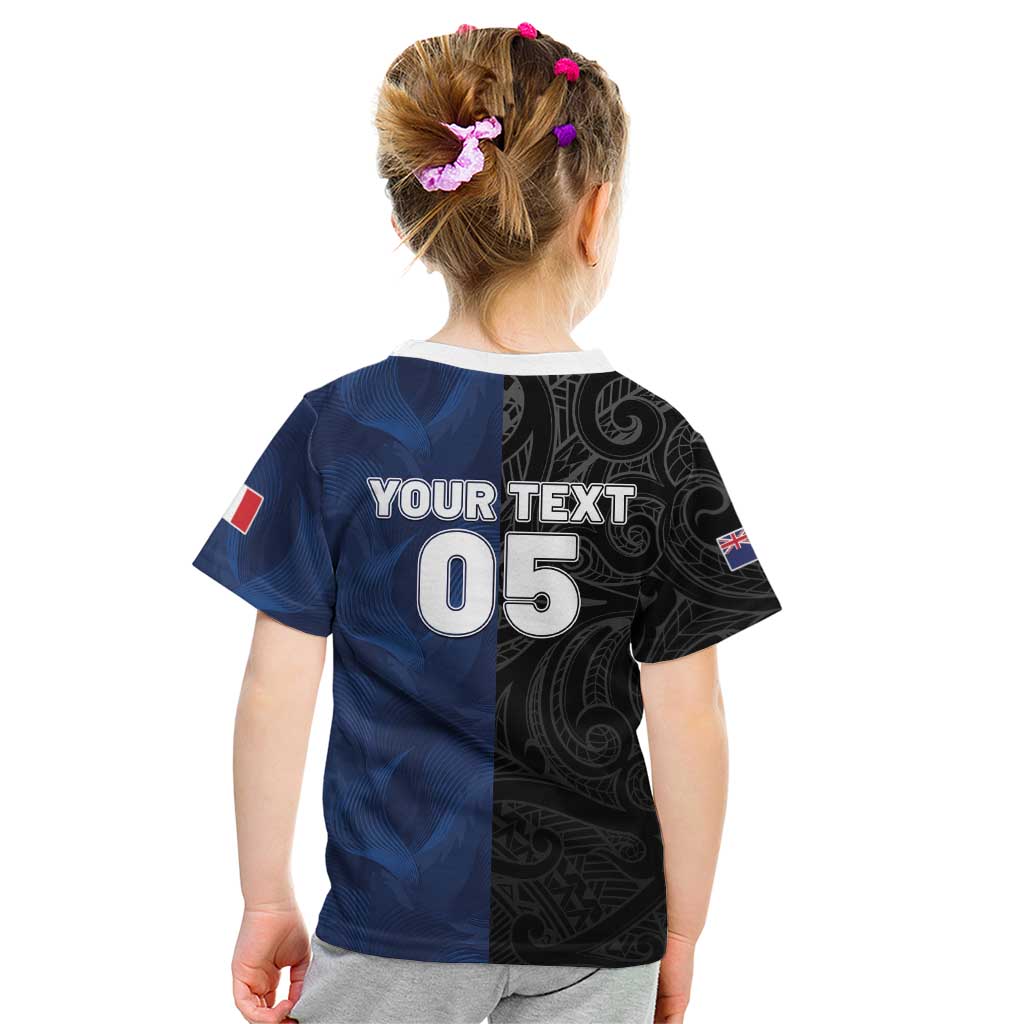 France And New Zealand Rugby Custom Kid T Shirt Les Bleus Rooster With Maori Tiki - Polynesian Pride