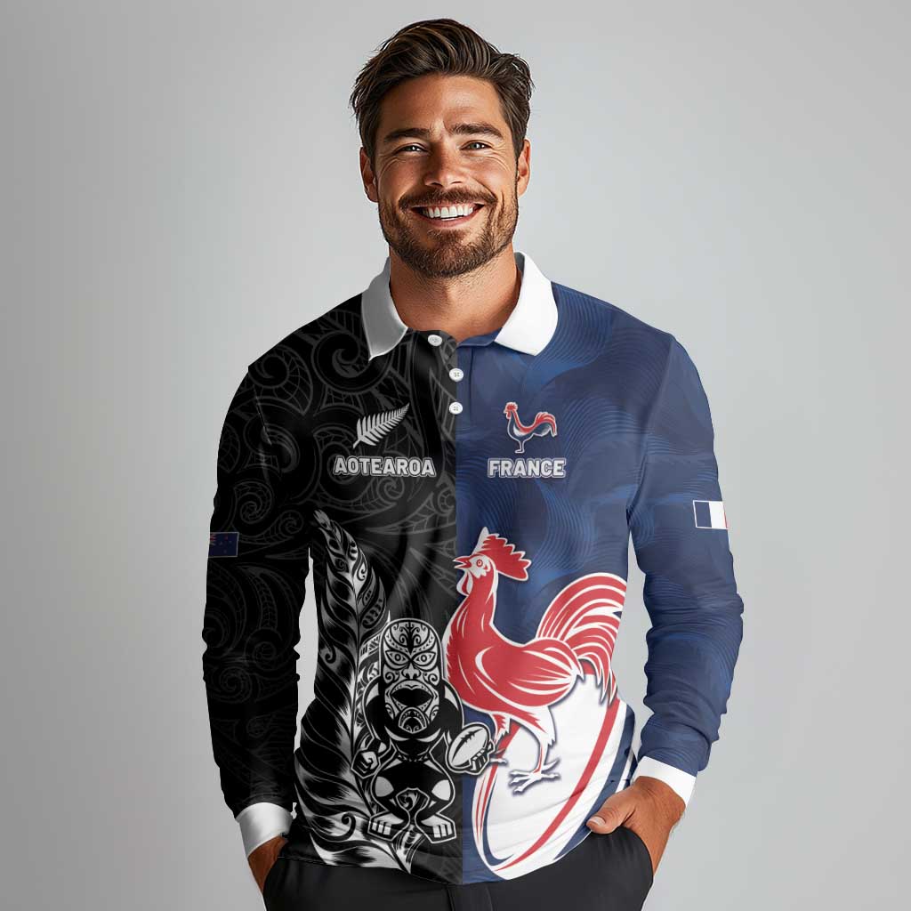 France And New Zealand Rugby Custom Long Sleeve Polo Shirt Les Bleus Rooster With Maori Tiki LT05 - Polynesian Pride