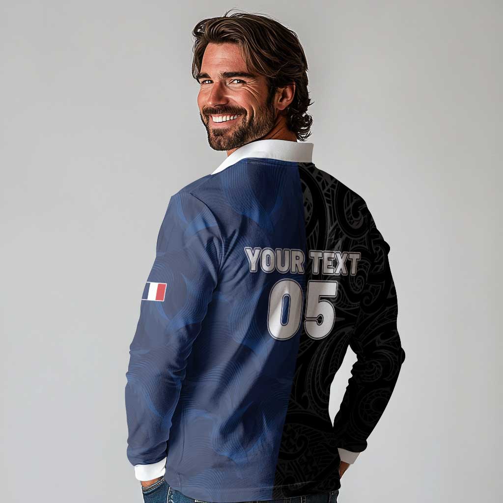France And New Zealand Rugby Custom Long Sleeve Polo Shirt Les Bleus Rooster With Maori Tiki LT05 - Polynesian Pride