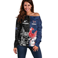 France And New Zealand Rugby Custom Off Shoulder Sweater Les Bleus Rooster With Maori Tiki LT05 Women Black - Polynesian Pride