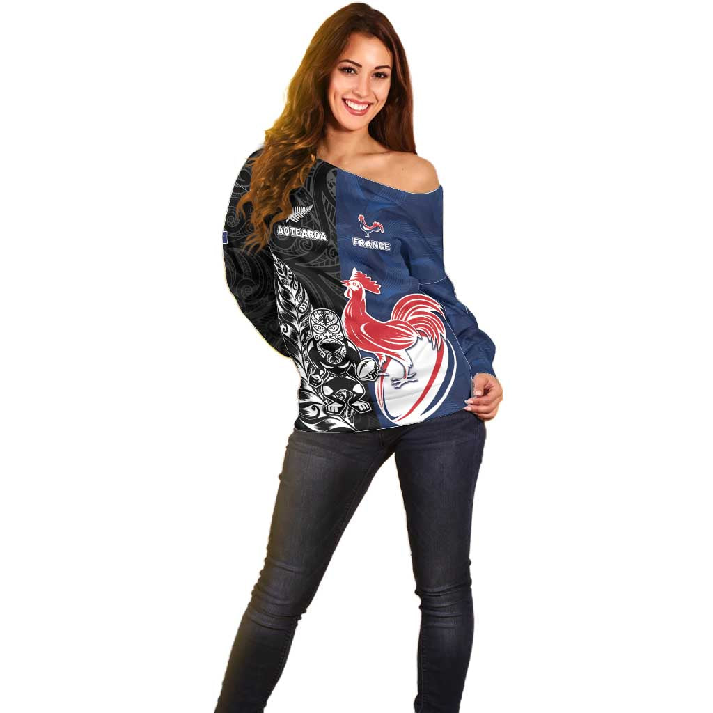 France And New Zealand Rugby Custom Off Shoulder Sweater Les Bleus Rooster With Maori Tiki LT05 - Polynesian Pride