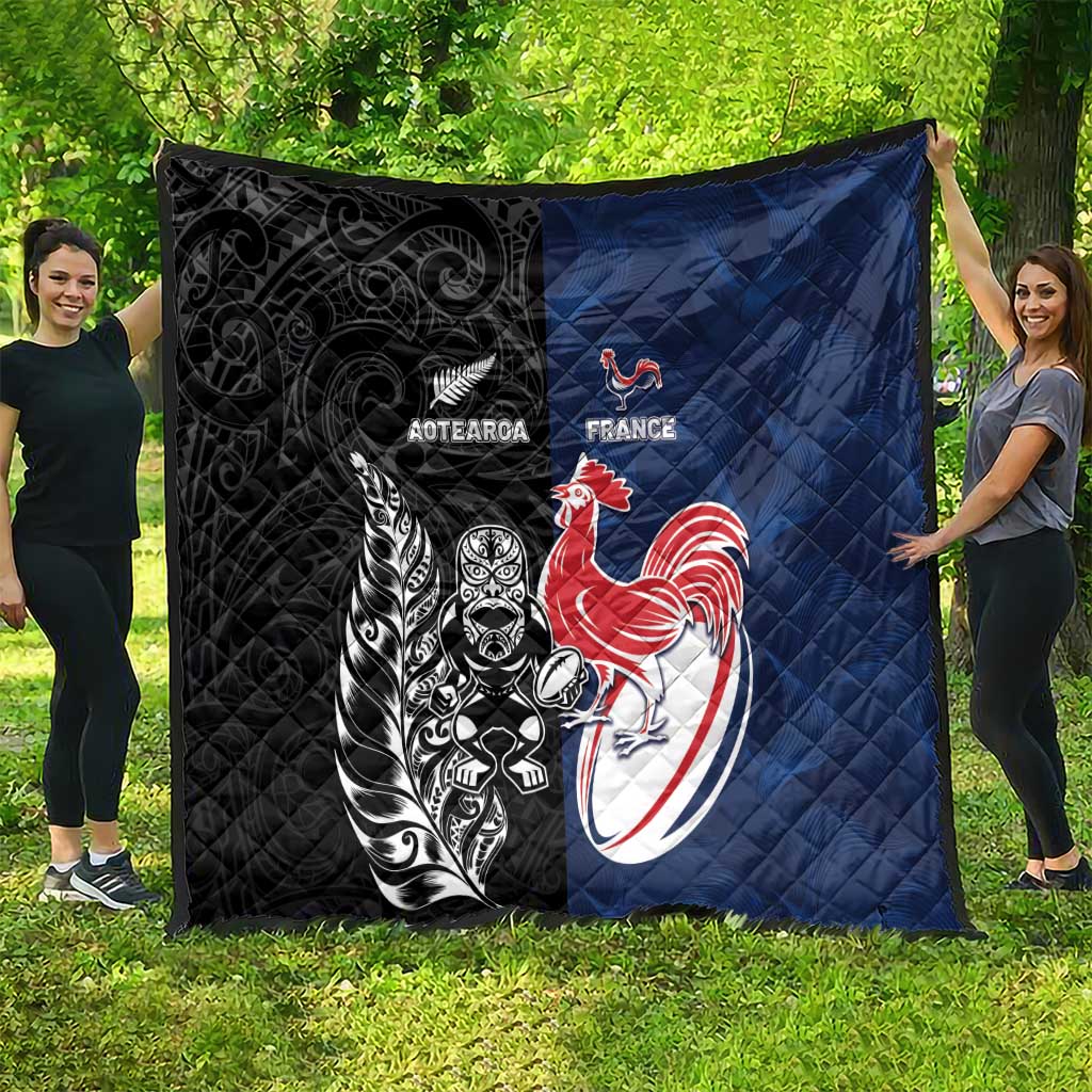 France And New Zealand Rugby Quilt Les Bleus Rooster With Maori Tiki LT05 - Polynesian Pride