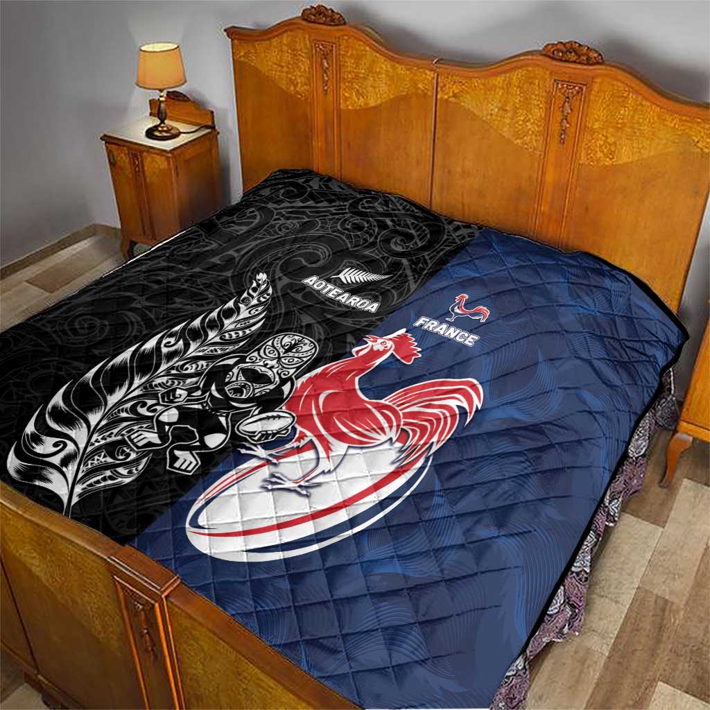 France And New Zealand Rugby Quilt Les Bleus Rooster With Maori Tiki LT05 - Polynesian Pride
