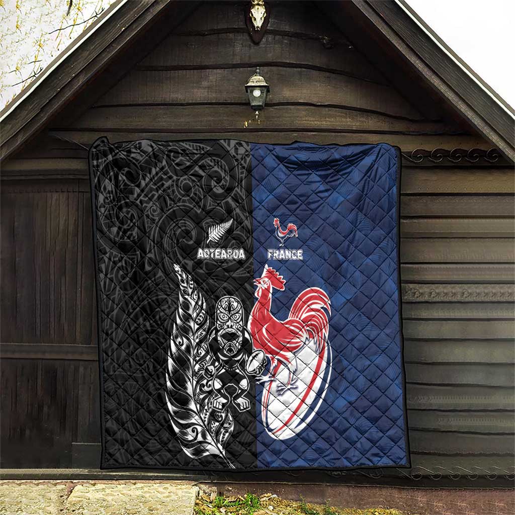 France And New Zealand Rugby Quilt Les Bleus Rooster With Maori Tiki LT05 - Polynesian Pride