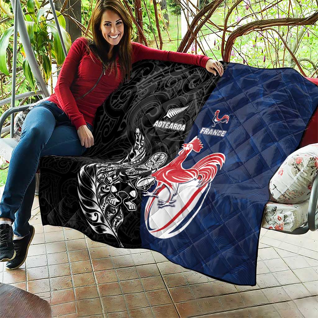 France And New Zealand Rugby Quilt Les Bleus Rooster With Maori Tiki LT05 - Polynesian Pride