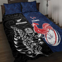 France And New Zealand Rugby Quilt Bed Set Les Bleus Rooster With Maori Tiki LT05 Black - Polynesian Pride