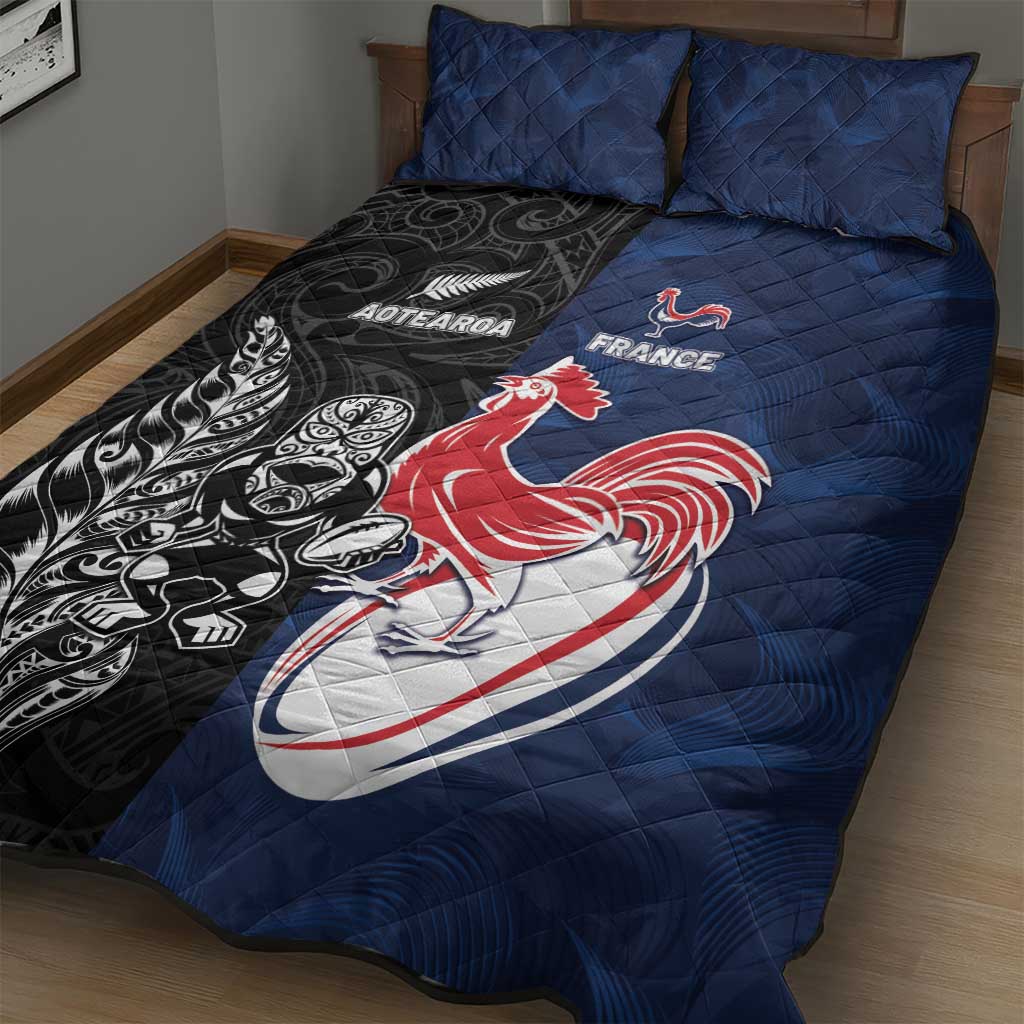 France And New Zealand Rugby Quilt Bed Set Les Bleus Rooster With Maori Tiki LT05 - Polynesian Pride