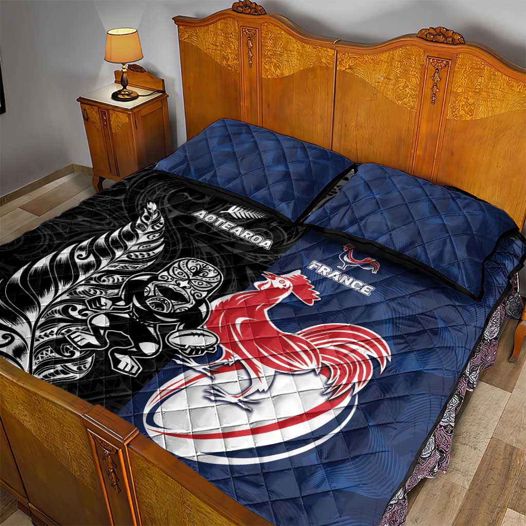 France And New Zealand Rugby Quilt Bed Set Les Bleus Rooster With Maori Tiki LT05 - Polynesian Pride