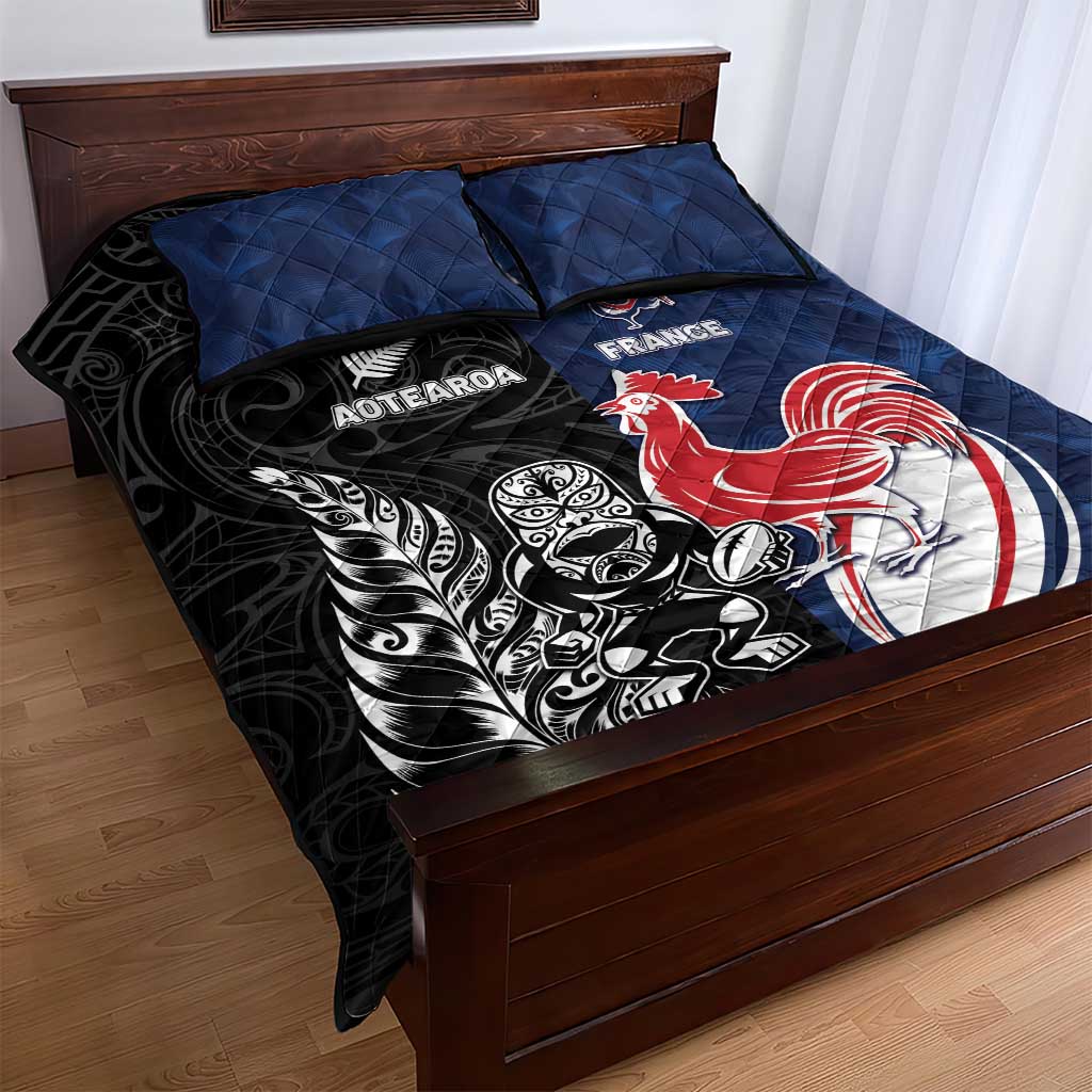 France And New Zealand Rugby Quilt Bed Set Les Bleus Rooster With Maori Tiki LT05 - Polynesian Pride