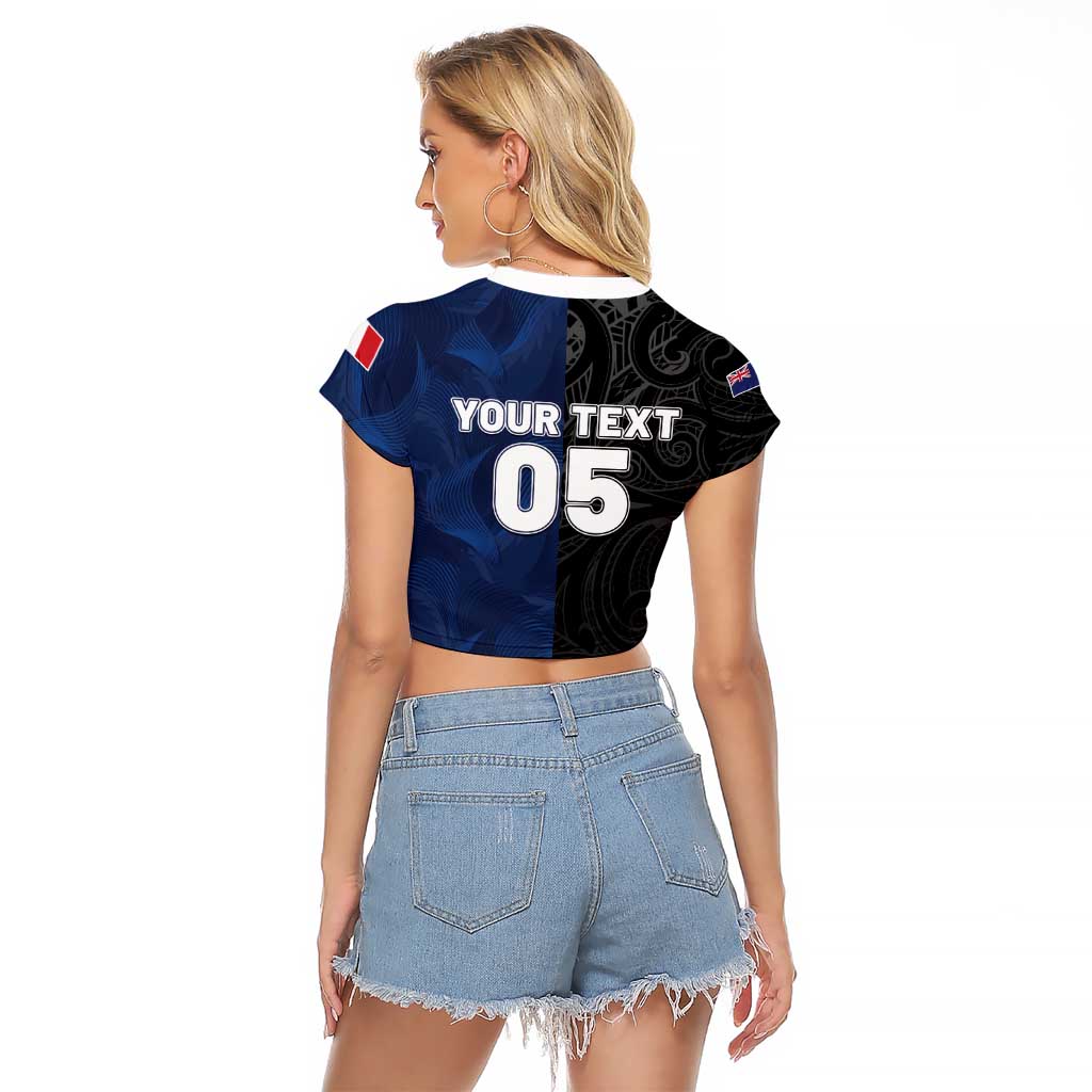 France And New Zealand Rugby Custom Raglan Cropped T Shirt Les Bleus Rooster With Maori Tiki - Polynesian Pride