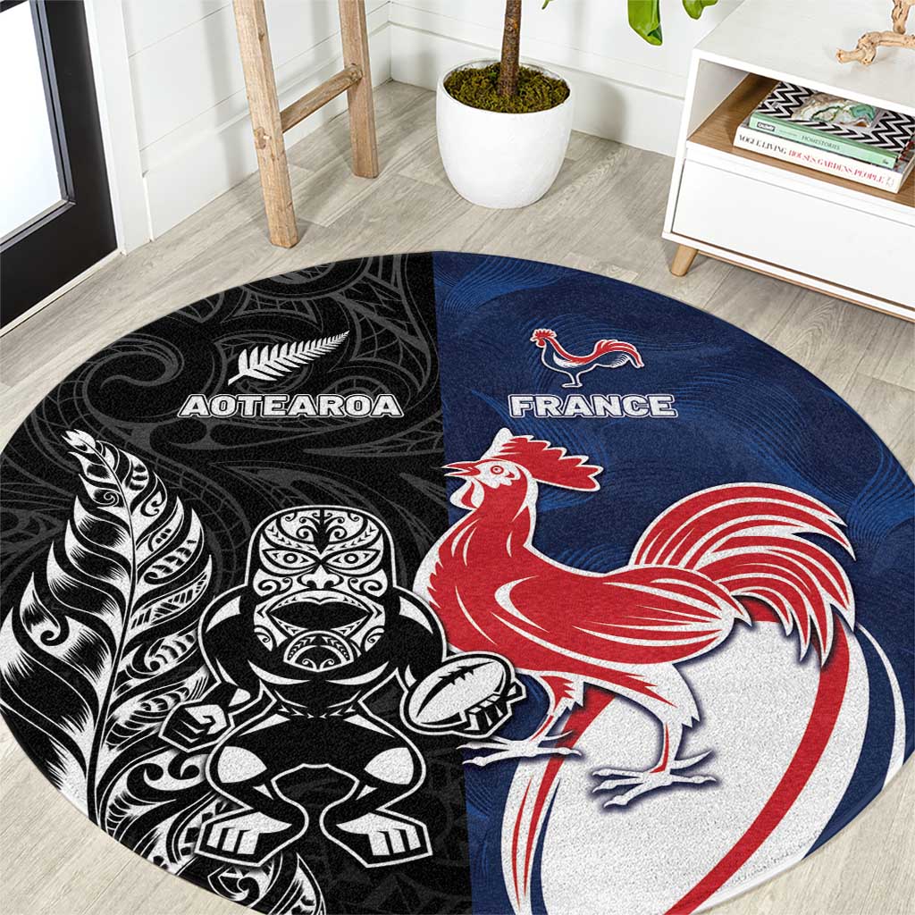 France And New Zealand Rugby Round Carpet Les Bleus Rooster With Maori Tiki LT05 Black - Polynesian Pride