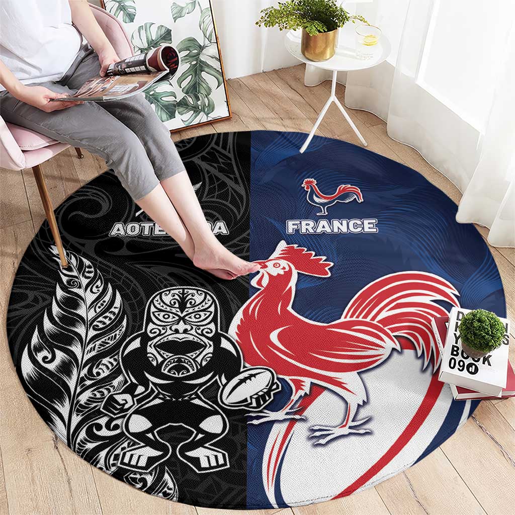France And New Zealand Rugby Round Carpet Les Bleus Rooster With Maori Tiki LT05 - Polynesian Pride
