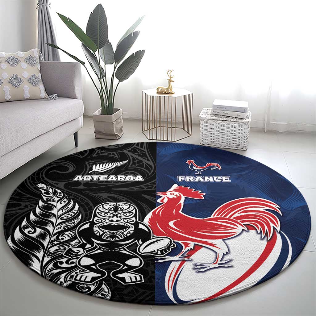 France And New Zealand Rugby Round Carpet Les Bleus Rooster With Maori Tiki LT05 - Polynesian Pride
