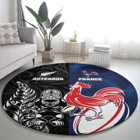 France And New Zealand Rugby Round Carpet Les Bleus Rooster With Maori Tiki LT05 - Polynesian Pride