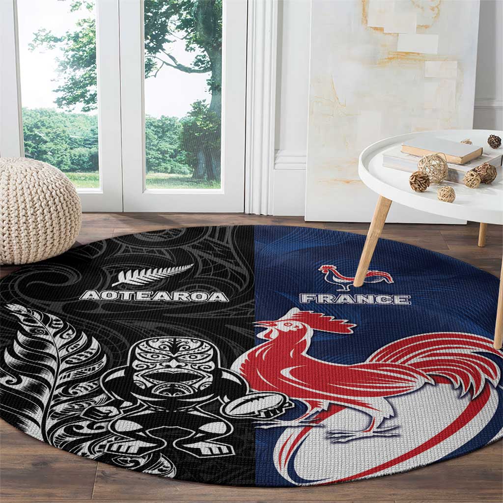 France And New Zealand Rugby Round Carpet Les Bleus Rooster With Maori Tiki LT05 - Polynesian Pride