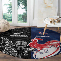 France And New Zealand Rugby Round Carpet Les Bleus Rooster With Maori Tiki LT05 - Polynesian Pride