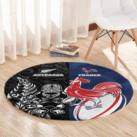 France And New Zealand Rugby Round Carpet Les Bleus Rooster With Maori Tiki LT05 - Polynesian Pride