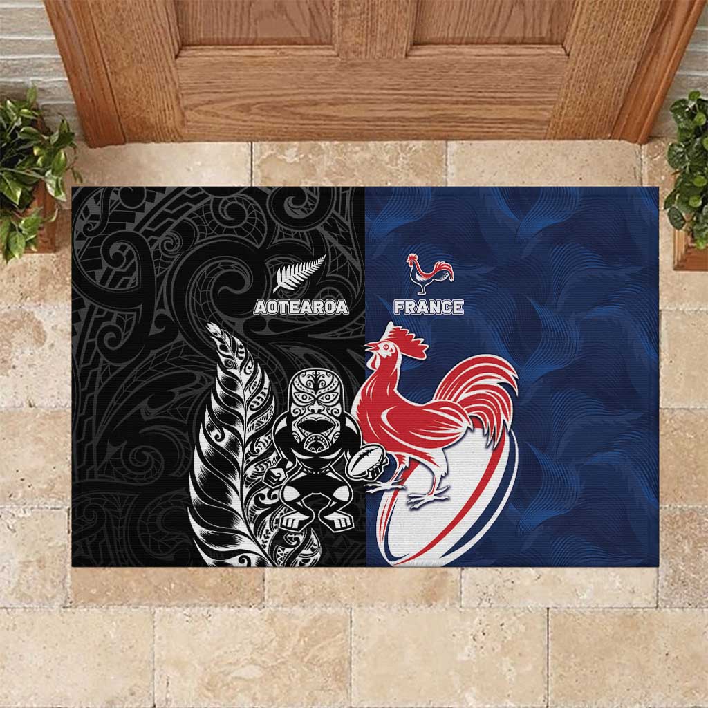 France And New Zealand Rugby Rubber Doormat Les Bleus Rooster With Maori Tiki LT05 Black - Polynesian Pride