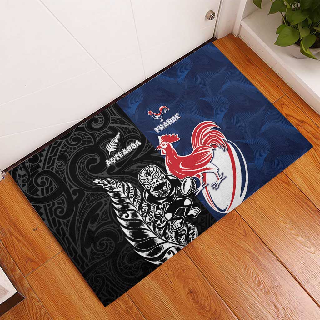 France And New Zealand Rugby Rubber Doormat Les Bleus Rooster With Maori Tiki LT05 - Polynesian Pride