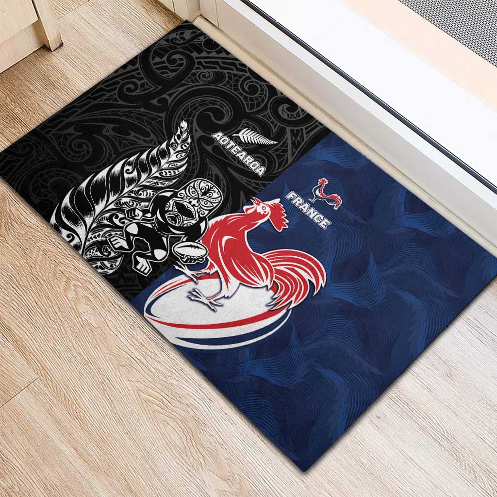 France And New Zealand Rugby Rubber Doormat Les Bleus Rooster With Maori Tiki LT05 - Polynesian Pride