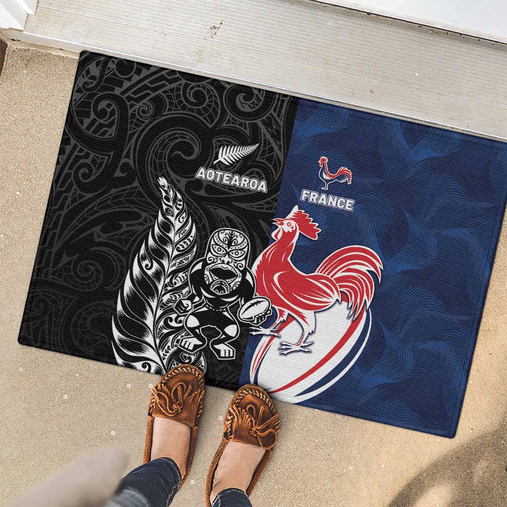 France And New Zealand Rugby Rubber Doormat Les Bleus Rooster With Maori Tiki LT05 - Polynesian Pride