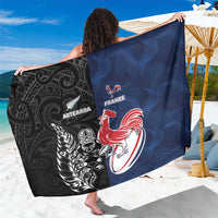 France And New Zealand Rugby Sarong Les Bleus Rooster With Maori Tiki LT05 One Size 44 x 66 inches Black - Polynesian Pride