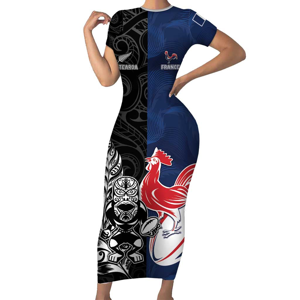 France And New Zealand Rugby Custom Short Sleeve Bodycon Dress Les Bleus Rooster With Maori Tiki - Polynesian Pride