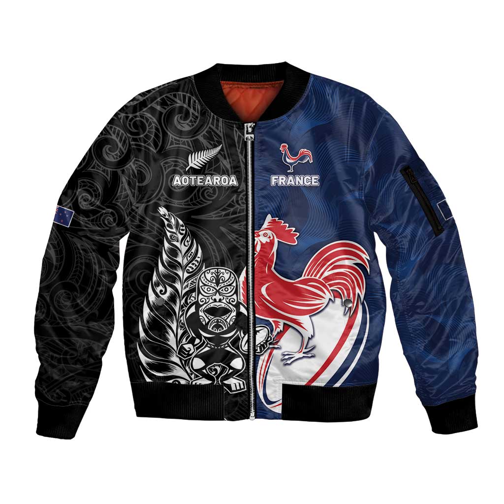 France And New Zealand Rugby Custom Sleeve Zip Bomber Jacket Les Bleus Rooster With Maori Tiki LT05 Unisex Black - Polynesian Pride