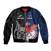 France And New Zealand Rugby Custom Sleeve Zip Bomber Jacket Les Bleus Rooster With Maori Tiki LT05 Unisex Black - Polynesian Pride