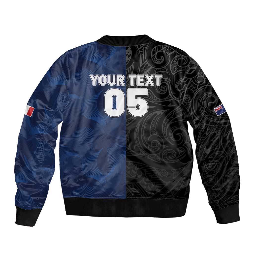 France And New Zealand Rugby Custom Sleeve Zip Bomber Jacket Les Bleus Rooster With Maori Tiki LT05 - Polynesian Pride