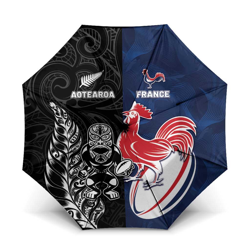 France And New Zealand Rugby Umbrella Les Bleus Rooster With Maori Tiki LT05 One Size Folded 11.42 inch Opened Diameter 37.4 inch Black - Polynesian Pride