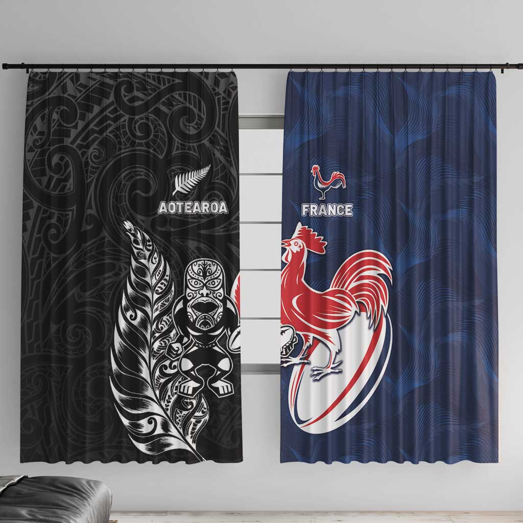 France And New Zealand Rugby Window Curtain Les Bleus Rooster With Maori Tiki LT05 With Hooks Black - Polynesian Pride