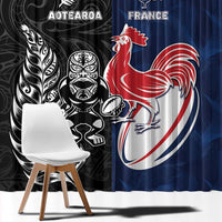 France And New Zealand Rugby Window Curtain Les Bleus Rooster With Maori Tiki LT05 - Polynesian Pride