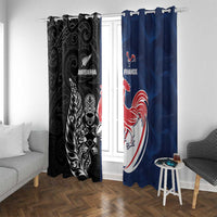 France And New Zealand Rugby Window Curtain Les Bleus Rooster With Maori Tiki LT05 With Grommets Black - Polynesian Pride