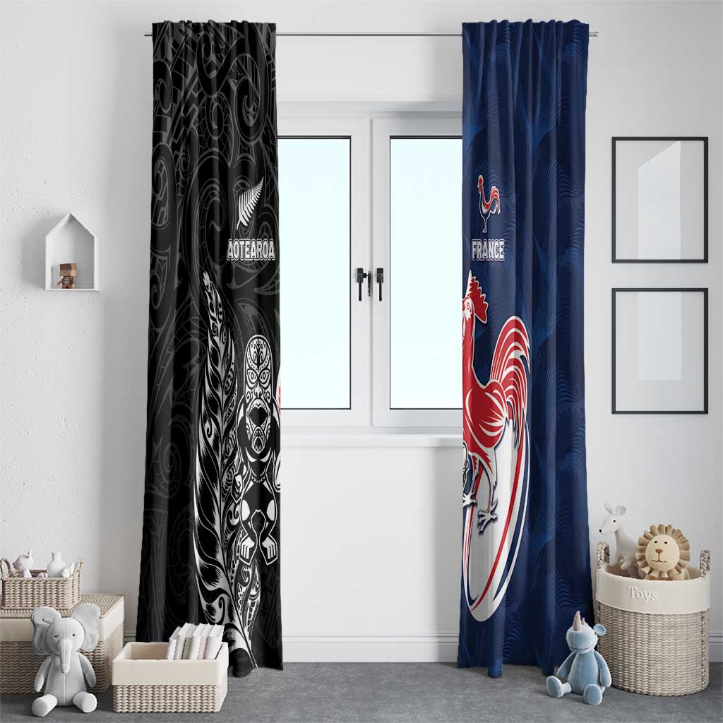 France And New Zealand Rugby Window Curtain Les Bleus Rooster With Maori Tiki LT05 - Polynesian Pride