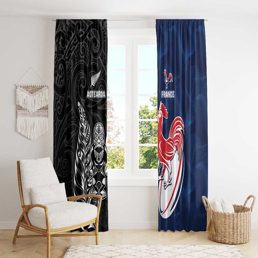 France And New Zealand Rugby Window Curtain Les Bleus Rooster With Maori Tiki LT05 - Polynesian Pride