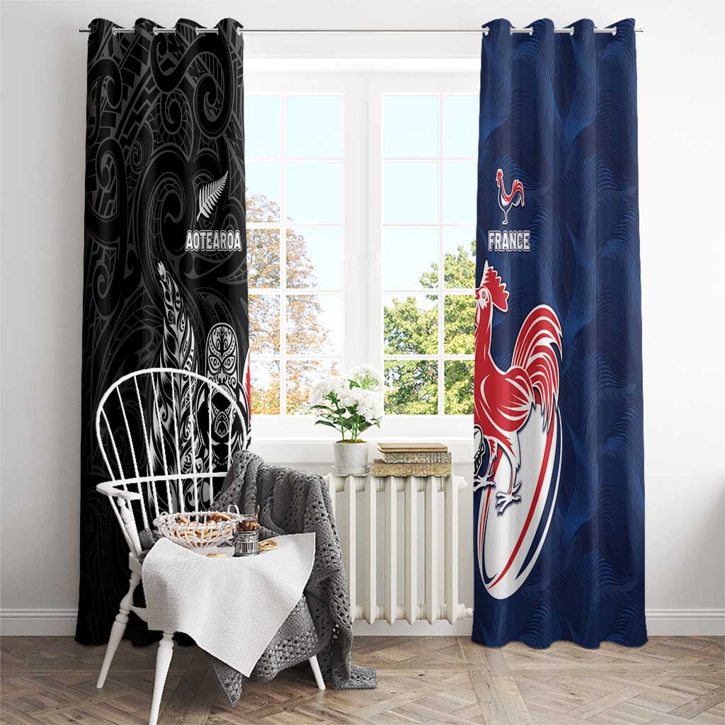 France And New Zealand Rugby Window Curtain Les Bleus Rooster With Maori Tiki LT05 - Polynesian Pride