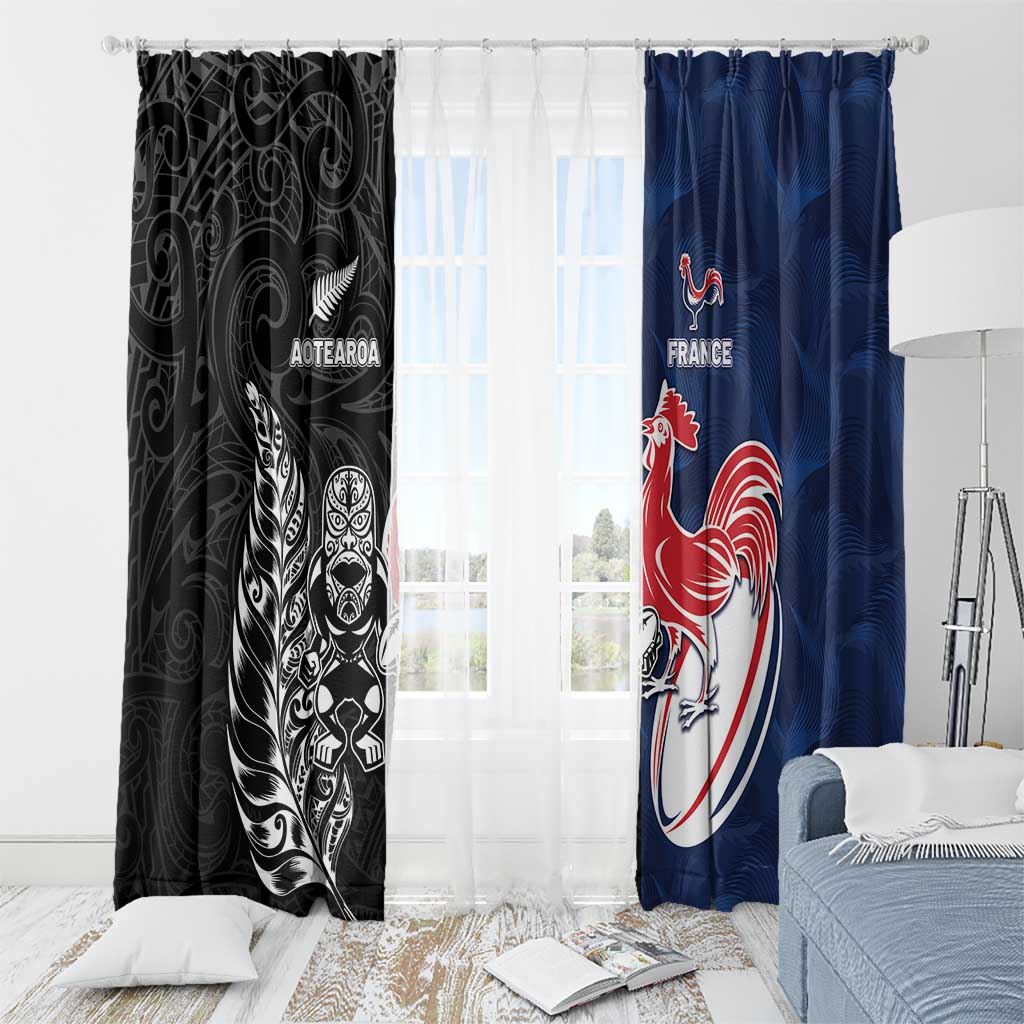 France And New Zealand Rugby Window Curtain Les Bleus Rooster With Maori Tiki LT05 - Polynesian Pride