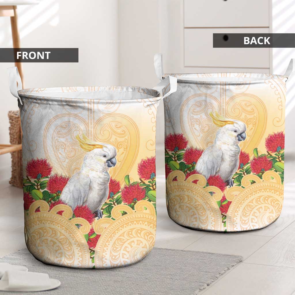 New Zealand Aotearoa Cockatoo Laundry Basket Maori Pattern With Pohutukawa Flowers
