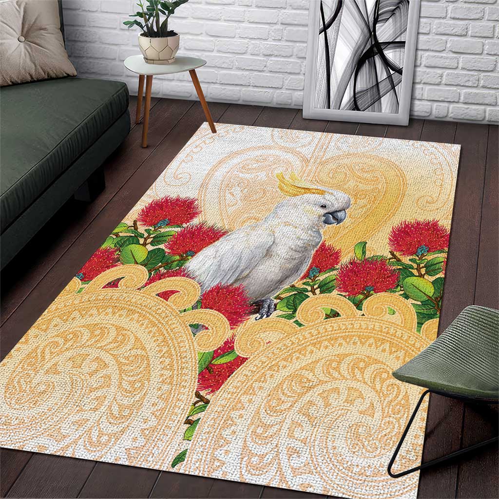 New Zealand Aotearoa Cockatoo Area Rug Maori Pattern With Pohutukawa Flowers LT05 Beige - Polynesian Pride