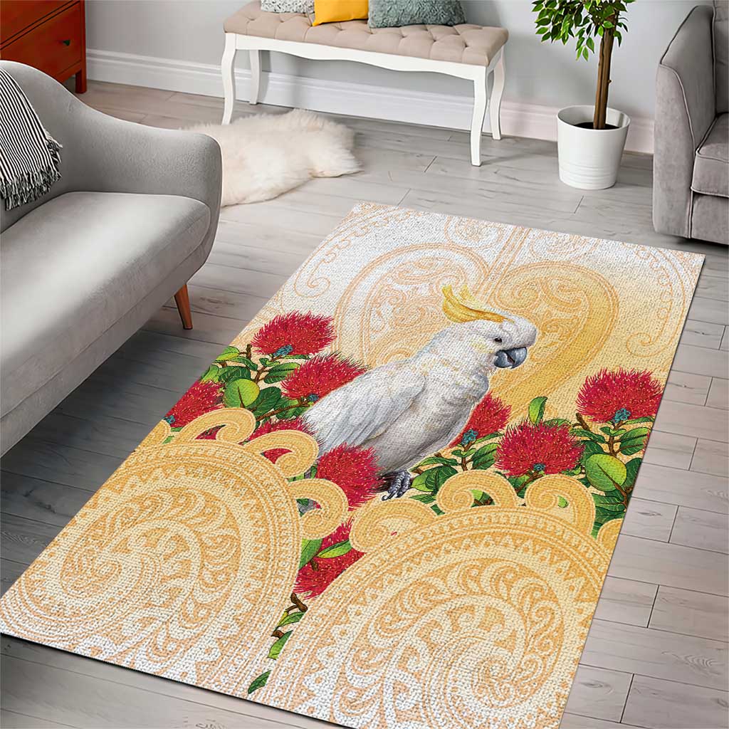 New Zealand Aotearoa Cockatoo Area Rug Maori Pattern With Pohutukawa Flowers LT05 - Polynesian Pride