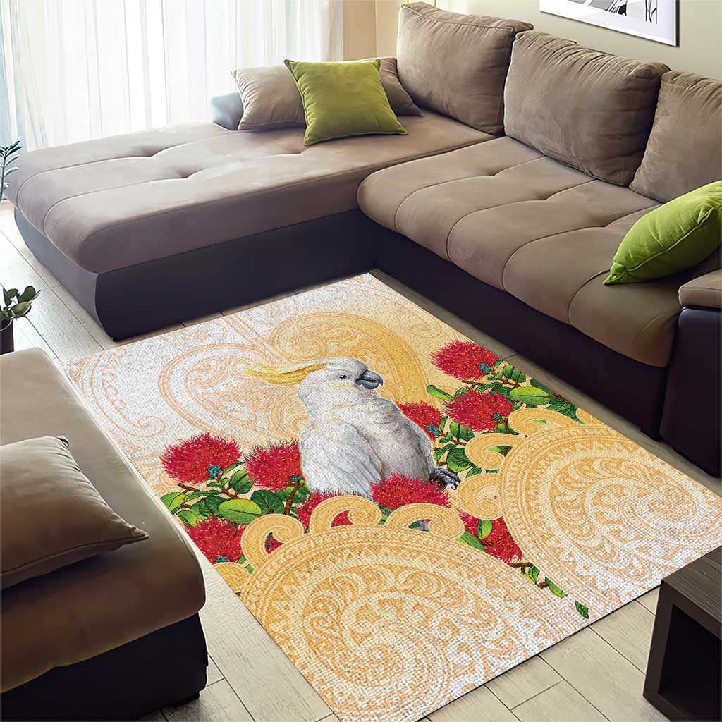 New Zealand Aotearoa Cockatoo Area Rug Maori Pattern With Pohutukawa Flowers LT05 - Polynesian Pride