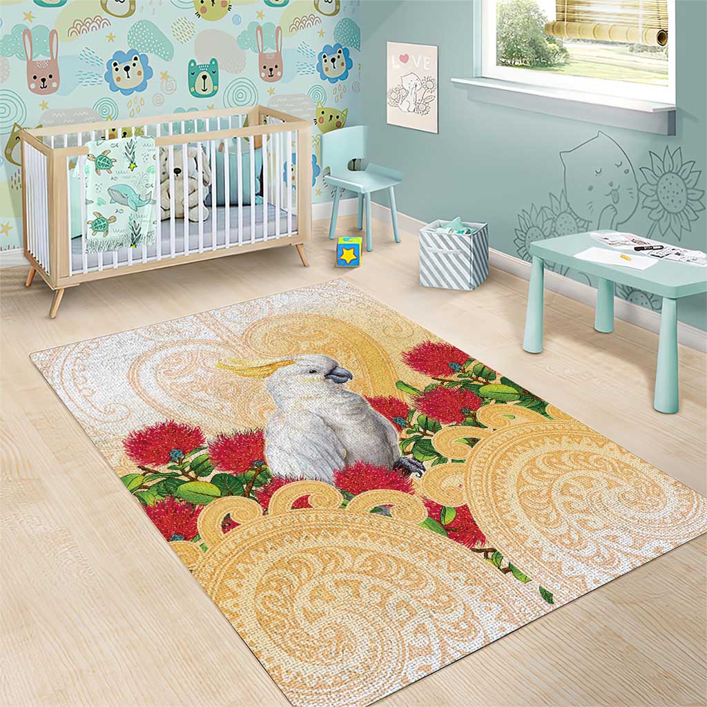 New Zealand Aotearoa Cockatoo Area Rug Maori Pattern With Pohutukawa Flowers LT05 - Polynesian Pride