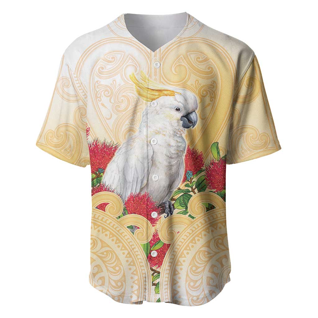 New Zealand Aotearoa Cockatoo Baseball Jersey Maori Pattern With Pohutukawa Flowers LT05 Beige - Polynesian Pride