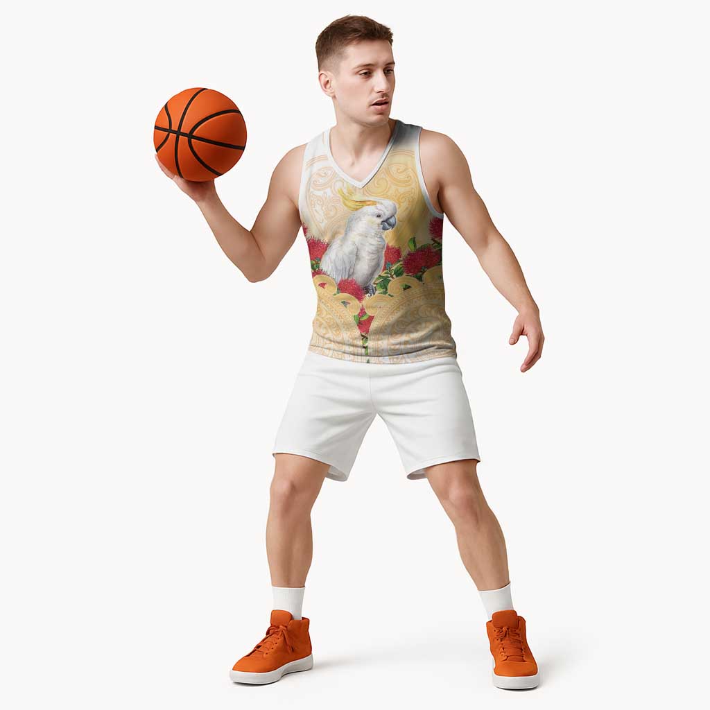New Zealand Aotearoa Cockatoo Basketball Jersey Maori Pattern With Pohutukawa Flowers