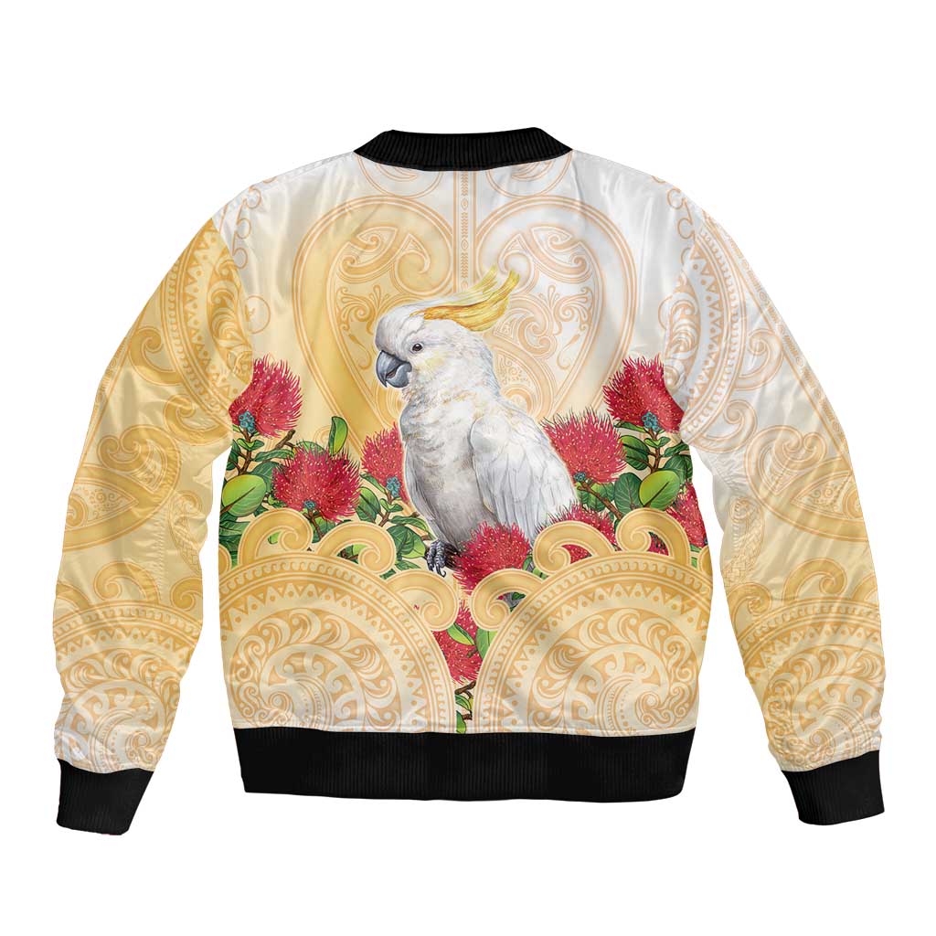 New Zealand Aotearoa Cockatoo Bomber Jacket Maori Pattern With Pohutukawa Flowers