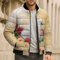 New Zealand Aotearoa Cockatoo Bomber Puffer Jacket Maori Pattern With Pohutukawa Flowers